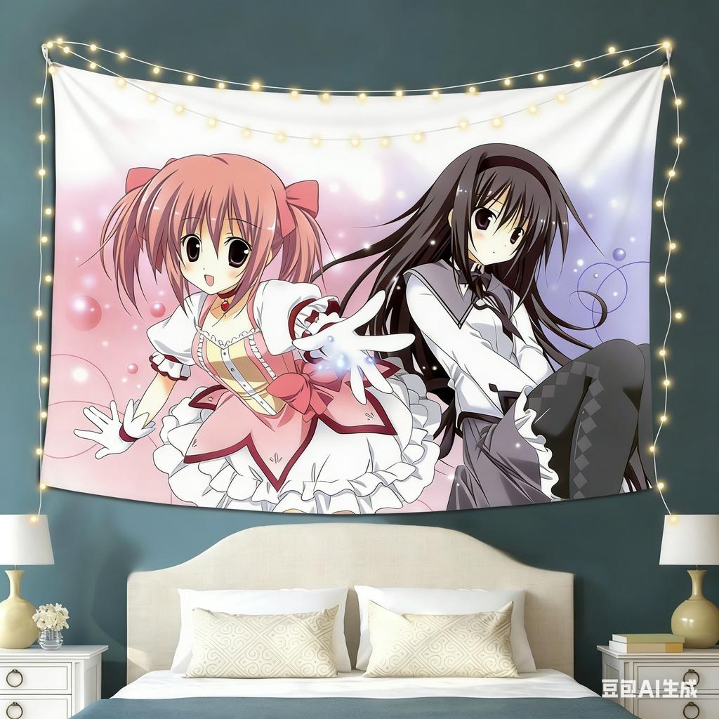 Madoka Anime Tapestry Madoka Homura Print Polyester Wall Hanging Otaku Kawaii Decor for Bedroom Dorm Room