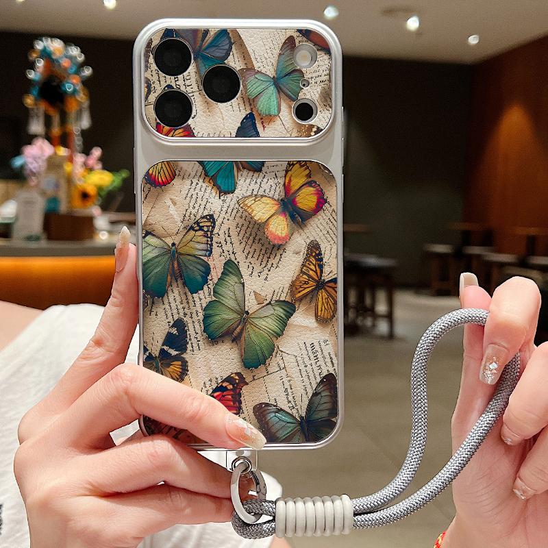 Colorful Butterfly Pattern Leather Lanyard Case For iPhone 18 Pro Max 17 16 15 14 13 Pro Max Luxury Hybrid TPU+PU Anti-skid Soft Phone Cover