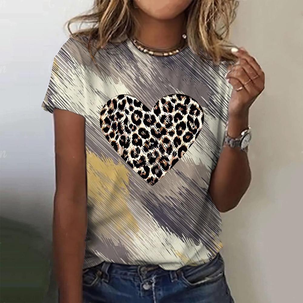 Módní leopardí trička Vzor srdce lásky 3D potisk Dámské tričko s krátkým rukávem a kulatým výstřihem Y2k Harajuku Tees Topy Dámské oblečení
