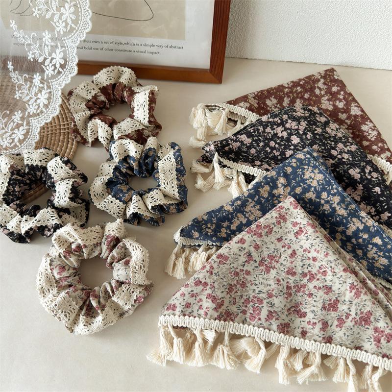 New Fringed Bag with Triangular Scarf, Floral Lace, Soft and Cozy Fabric Headscarf Hairpin Headpiece