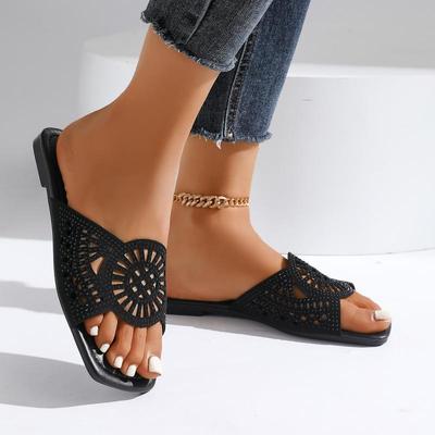 Mode Böhmische Ausgeschnittene Atmungsaktive Pantoletten Damen Sommer Einfarbig Schwarz Glitzer Flacher Absatz Hausschuhe Elegant Eckige Zehen Sandalen Größe 43