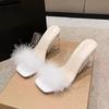 Koreanische Version von dicken Absatz-High Heels Sommer 2025 Internet-Berühmtheit Ein-Riemen-Slipper faul flauschig dekorativ Damen coole Slipper