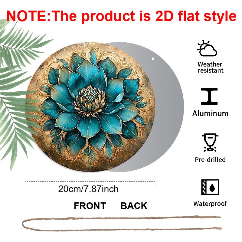 2D Flat, 1pc Retro Turquoise Flower Mosaic Round Wall Art, 2D Aluminum Sign with Golden Accents Frameless, Perfect for Home Decor, Balcony, Rustic