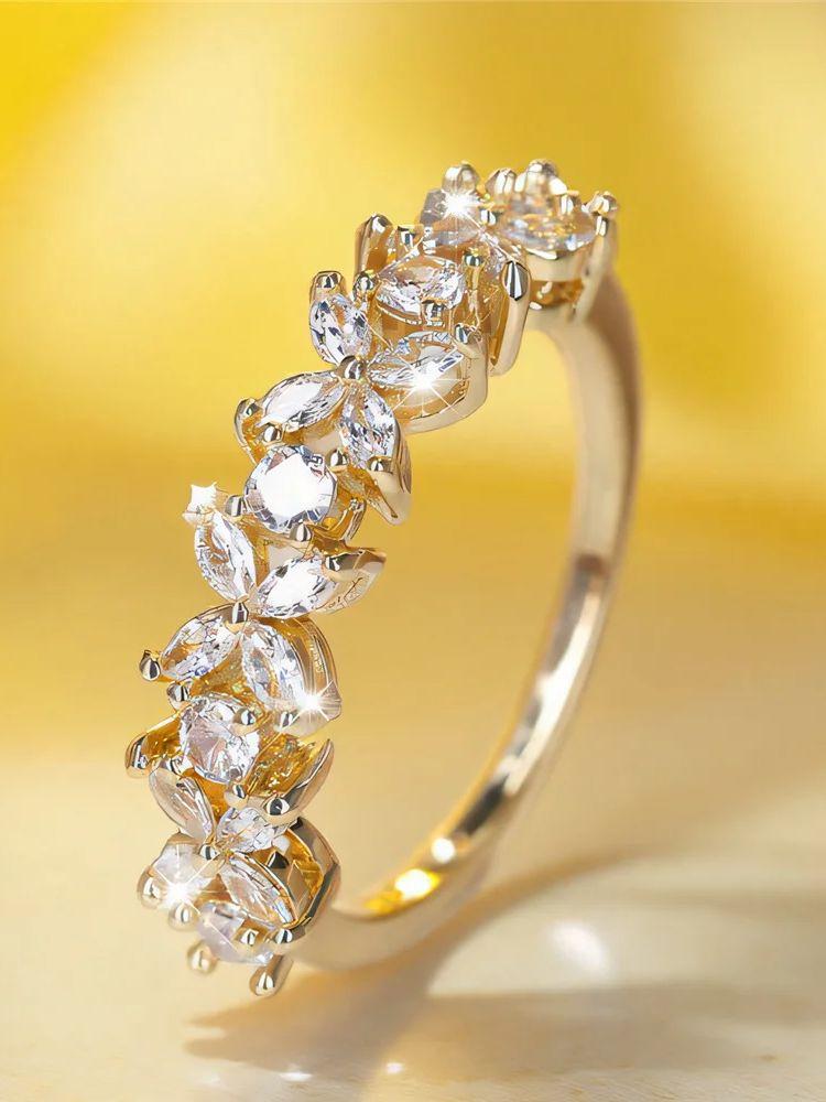 Cute Female White Crystal Stone Flower Ring Gold Color Wedding Jewelry Promise Engagement Rings For Women