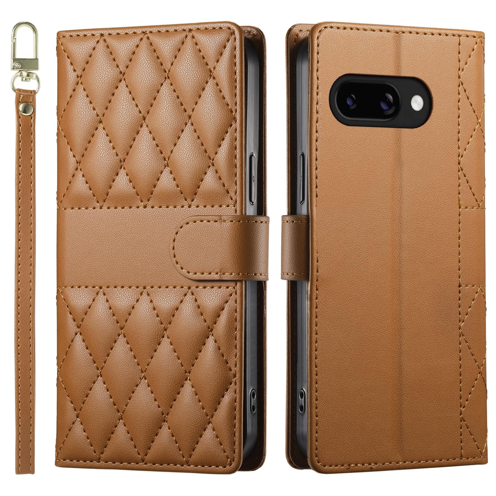 

For Google Pixel 9a Case Rhombus Stitching Wallet Stand Leather Phone Cover with Long/Short Strap Brown