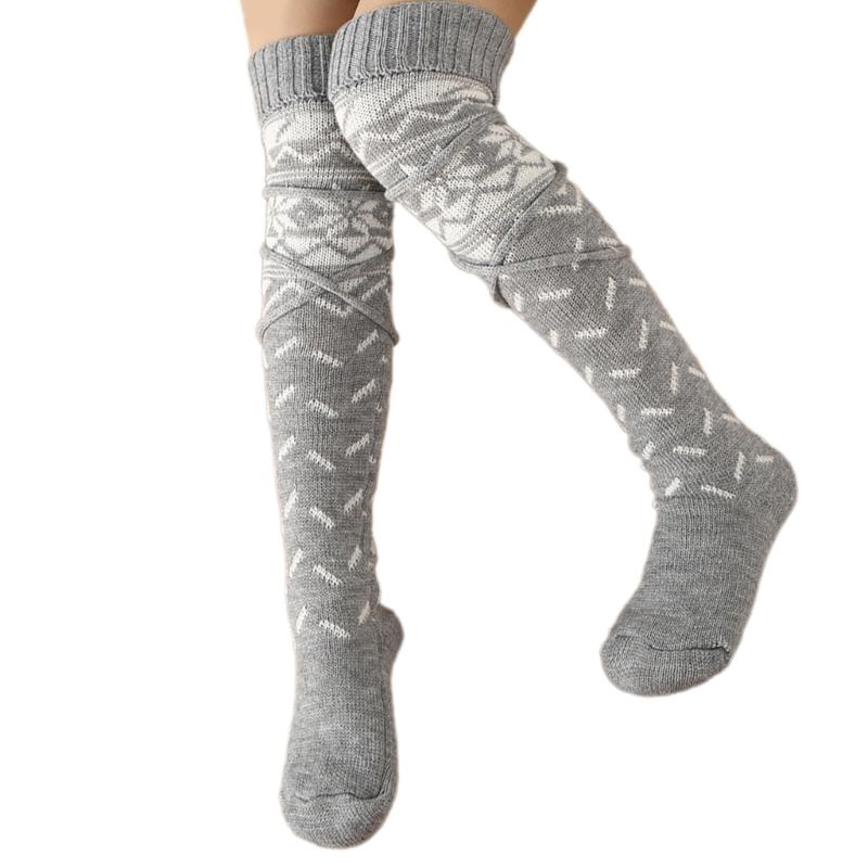 Womens Christmas Knitted Thigh High Socks with Strappy Ties Snowflake Print Over Knee Boot Stockings Winter Leg Warmers