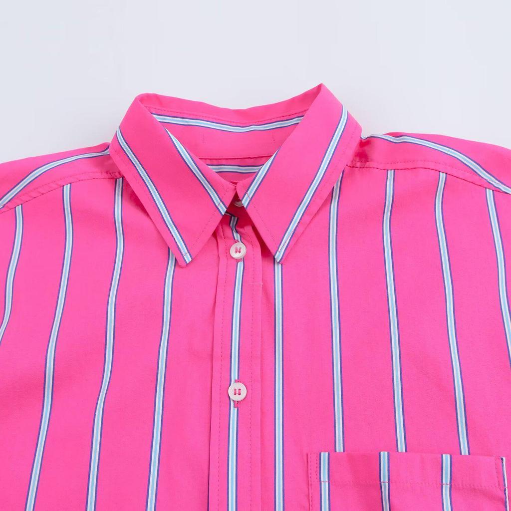 2025 Spring Women's Loose Casual Striped Lapel Shirt - Color Block Design