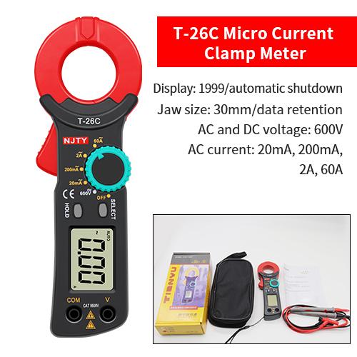 

NJTY T-26C DC AC 0.1mA High Precision Digital Clamp Meter Professional Leakage Current Test 20mA~60A Leakage Detection Auto Rang