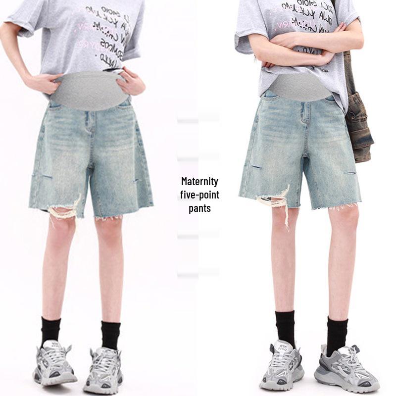 Women's Maternity Ripped Denim Shorts - Summer Thin, Loose Fit, Slimming, Plus Size, Wide Leg, Five-Point Style