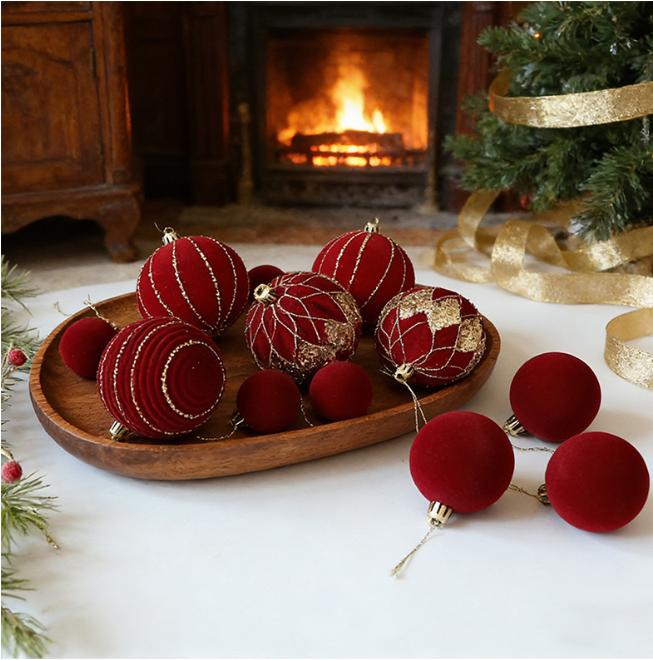 36-Piece Wine Red Velvet Christmas Bauble Set – 8cm/6cm/4cm Flocked Tree Ornaments with Gold Detail