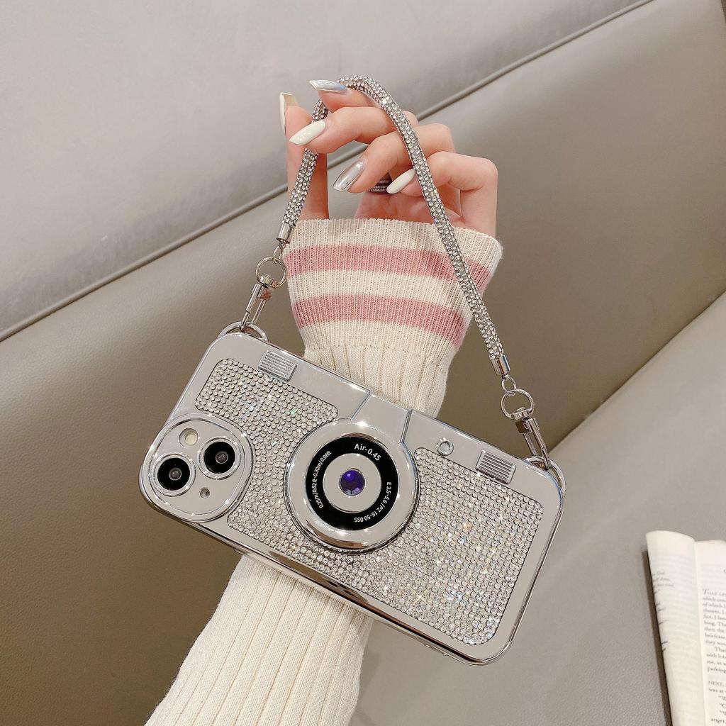 Pro iPhone 14 Plus Velkoobchod s díly pro mobilní telefony Pouzdro s kamínky Kryt z TPU ve tvaru fotoaparátu s řetízkem pro nošení