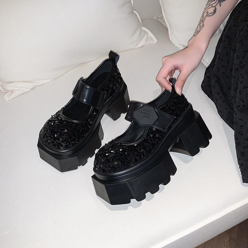 Fashion 8CM Blingbling Leather Chunky Heels Pumps Spring Summer Ankle Boots Mary Jane Chunky Heels comfort Platform Women Shoes