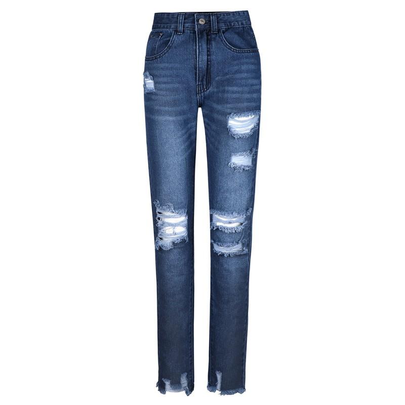 Womens High-Waisted Straight Cut Distressed Denim Jeans Slim Fit Cotton Blend Casual Workwear