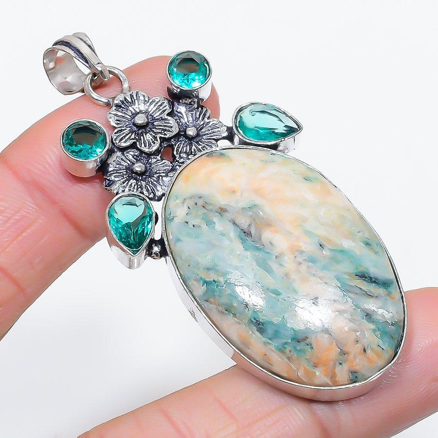 Natural Mariposite, Tourmaline 925 Sterling Silver Jewelry Pendant 2.64" Q4F47