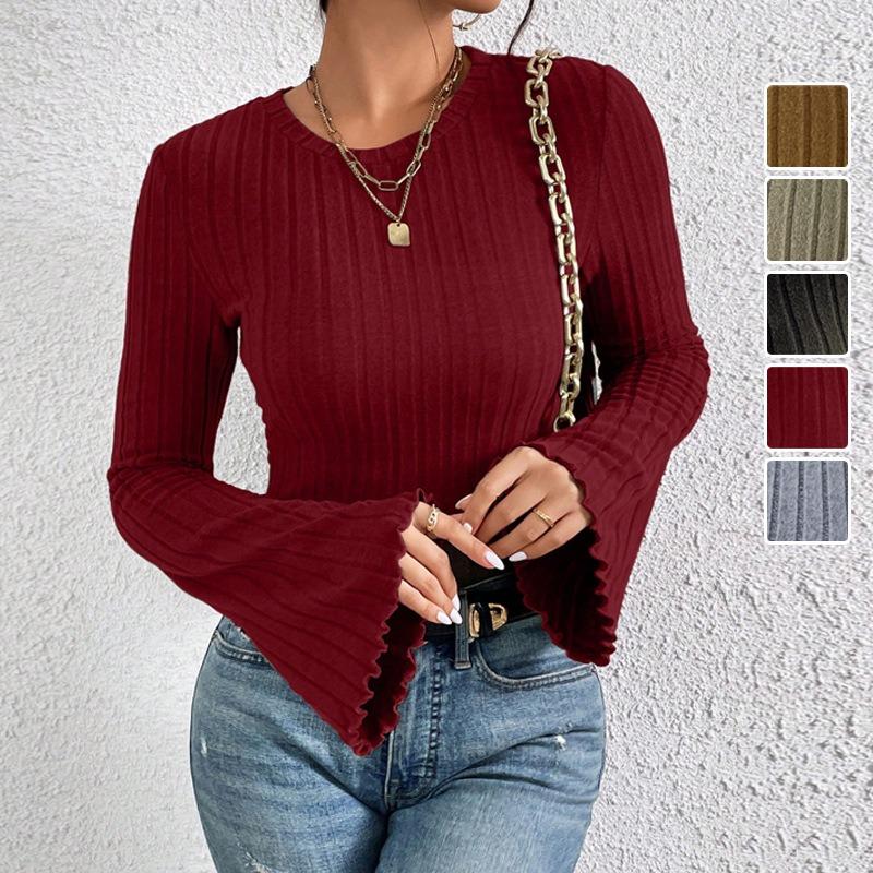 Women S Solid Slim Fit Sweater Round Neck Flared Sleeve Autumn Casual