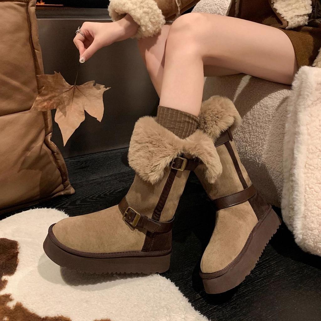 Thick Bottom Plush Winter Boots Women's Fleece Lined Long Tube Shoes Fashionable Buckle Warm Cotton Snow Boots Casual Style