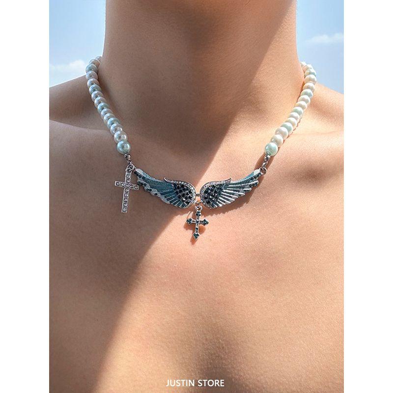 Shijia Pearl Necklace Men's Angel Wings Inlaid Zirconium Clavicle Chain European and American All Match Personality Fancy Cross Men's Chain