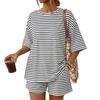 Women Casual Loose Fit Striped Short Sleeve T Shirt with Pocket and Matching Shorts Set Lightweight Comfortable Lounge Wear