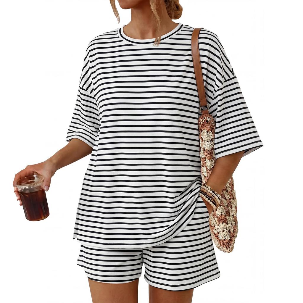Women Casual Loose Fit Striped Short Sleeve T Shirt with Pocket and Matching Shorts Set Lightweight Comfortable Lounge Wear