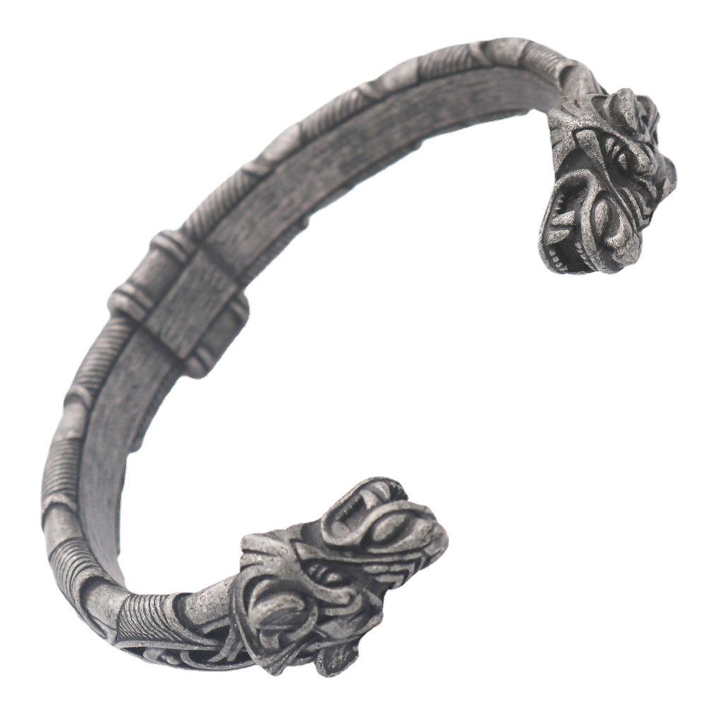 Mythical Pirate Viking Open Cuff Bracelet With Wolf Head Vintage Jewelry