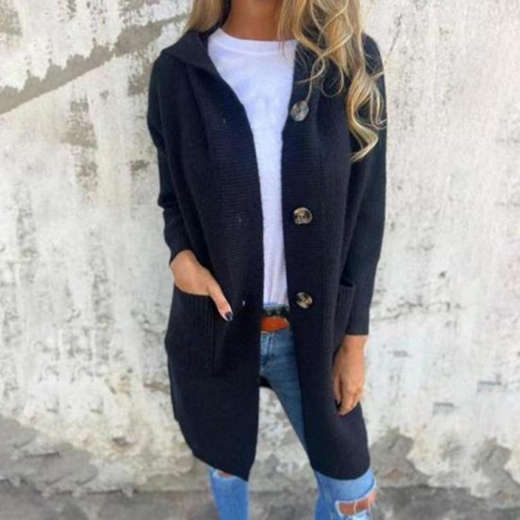 Women Knitted Cardigan Sweater Coat Long Sleeve Hooded Solid Color Mid Length with Pockets
