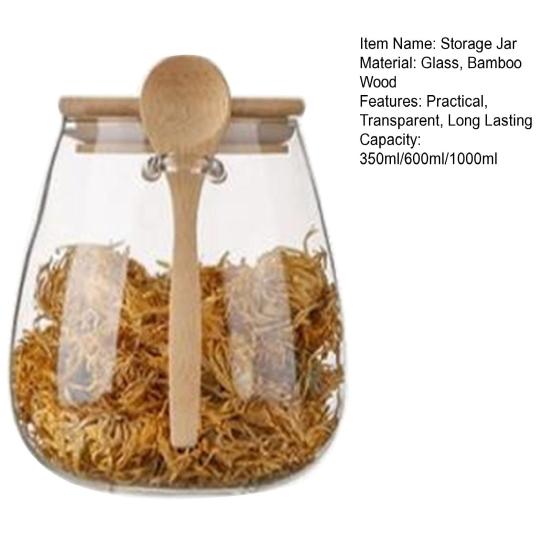 Large Capacity Transparent Glass Storage Jar with Spoon Airtight Container for Snacks Grains Tea Beans Pantry Organizer