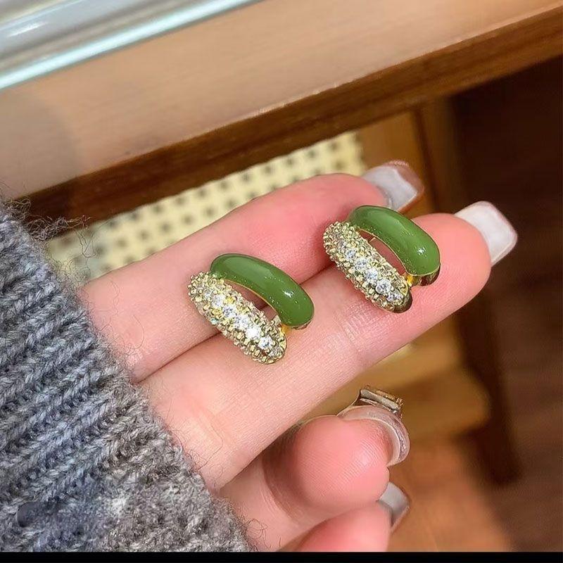 Luxury Green Drip Glaze Copper Earrings with Micro-Set Diamonds