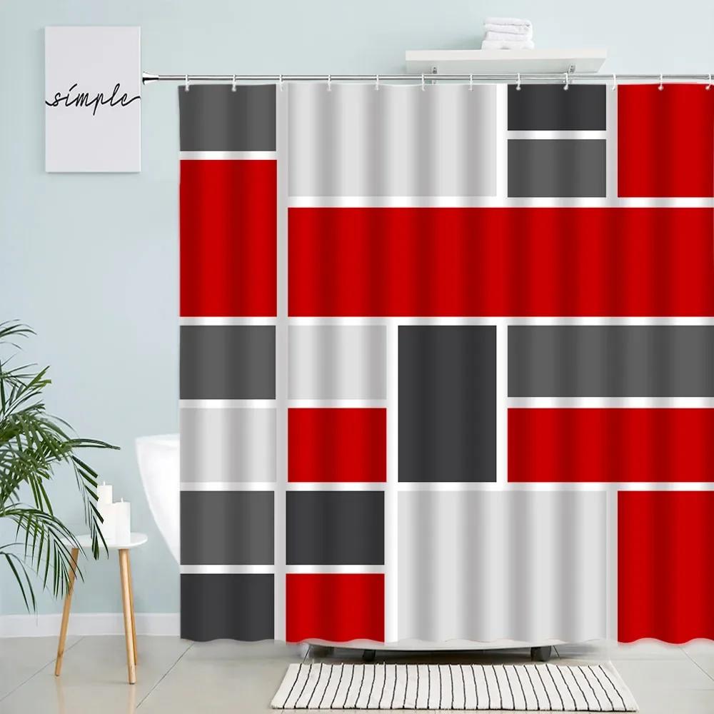Creative Geometric Shower Curtains Black Grey Turquoise Square Plaid Bath Curtain Set Polyester Fabric Bathroom Decor with Hooks