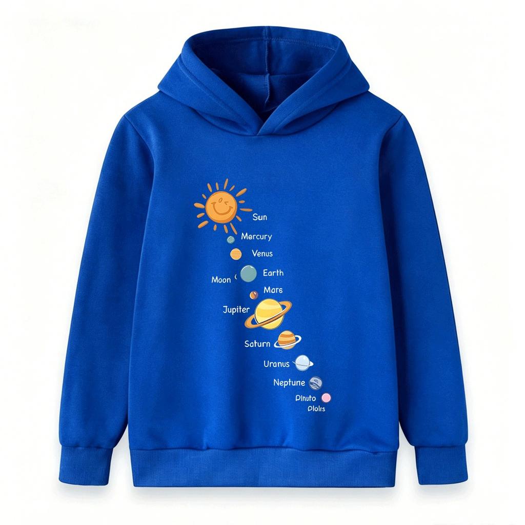 Cartoon Solar System Sun Planets Print Kids Hoodie Boys Girls Casual Long Sleeve Pullover Sweatshirt for Children Daily Wear
