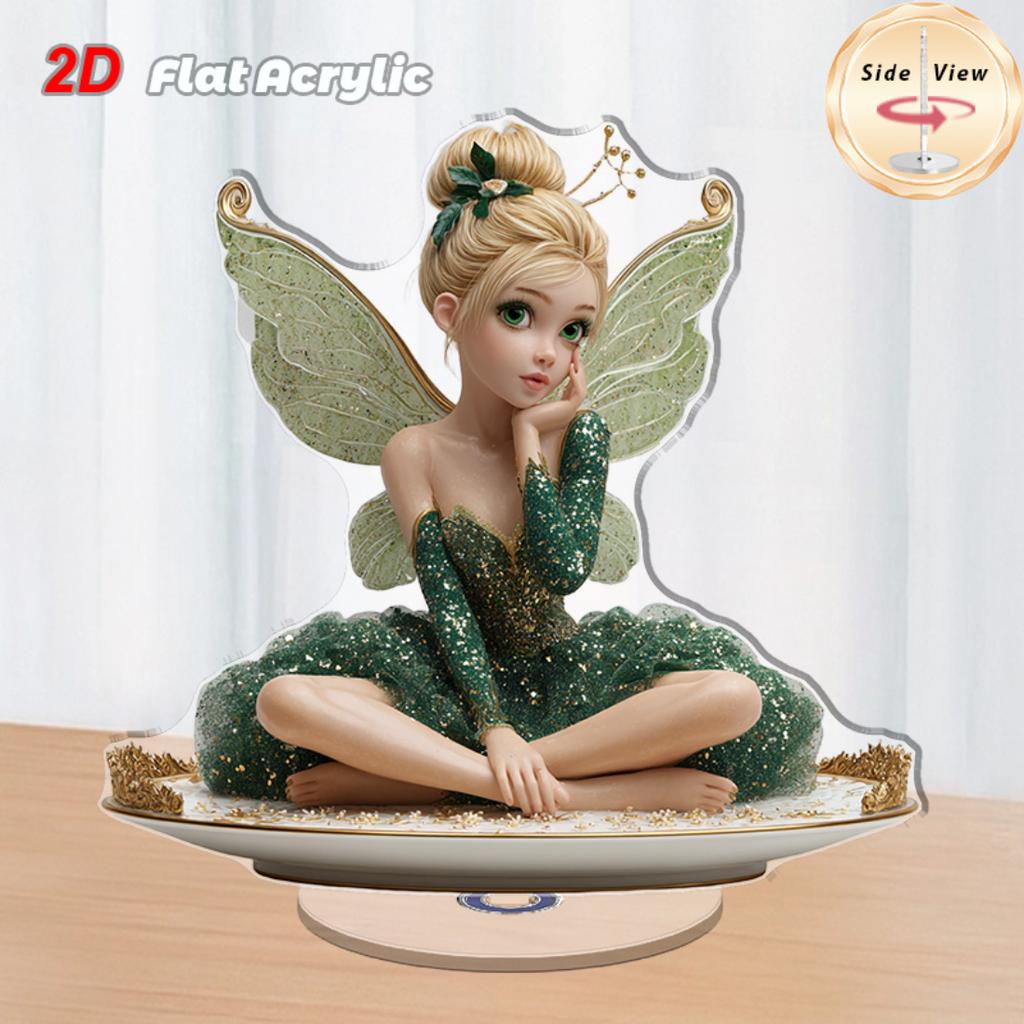 2D Flat Rotatable Acrylic Tabletop Ornament Fairy Figurine On Exquisite Plate With 360 Degree Rotating Base