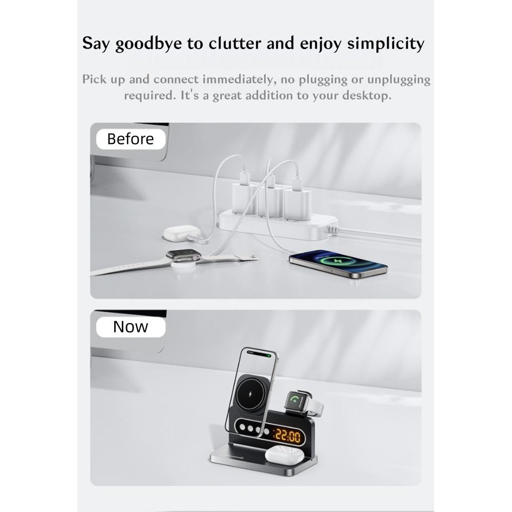 5-in-1 Magnetic Wireless Charger with Phone Stand, Magnetic Wireless Watch Charger, Magnetic Wireless Earphone Charger, and Digital Alarm Clock