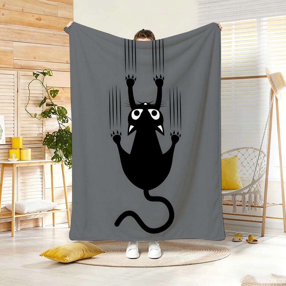Artistic Pattern G-Goofy Black Cat Clawing Throw Lightweight 240g Flannel Blanket Soft Skin-friendly for Summer Cooling