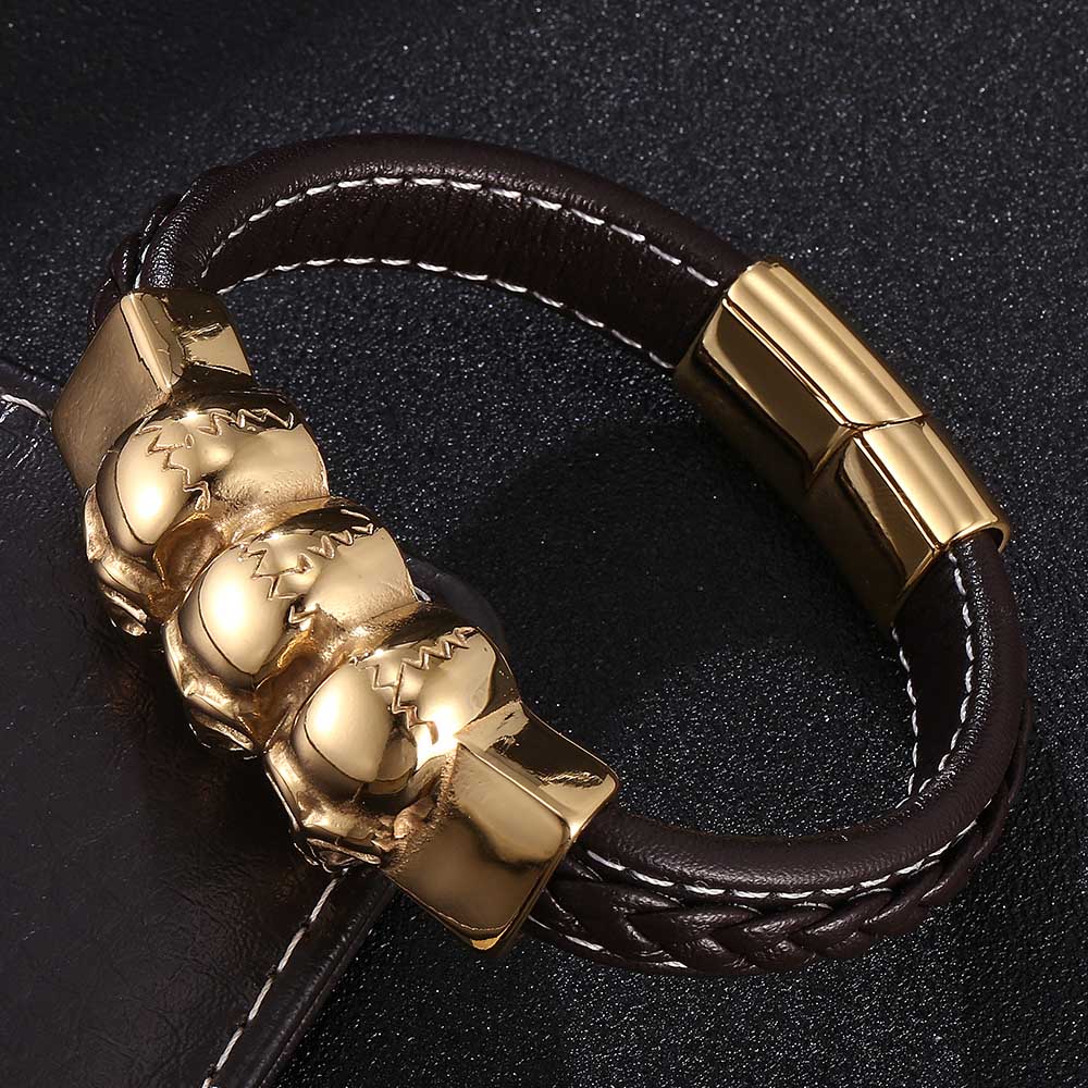 

Панк плетеные кожаные браслеты браслет с черепом браслет-обертка пряжка из нержавеющей стали модные браслеты 205mm коричневый