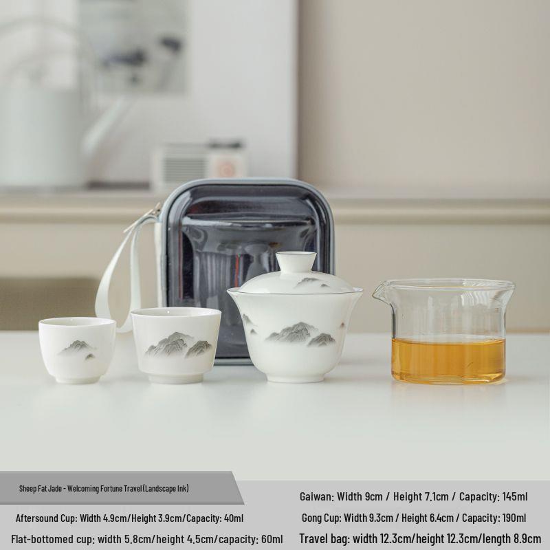 Portable Jade Sheep Travel Tea Set with Landscape Design - Ideal for Business Gifts