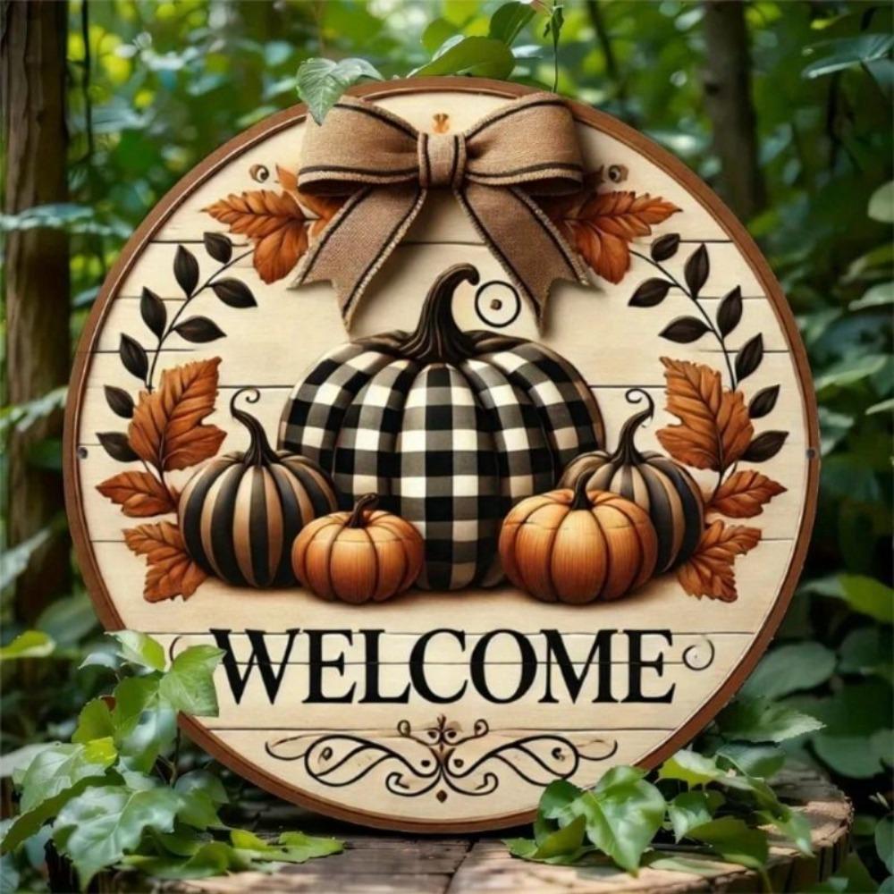 Farmhouse Round Tin Sign Pumpkin Wreath Home Garden Wall Decor