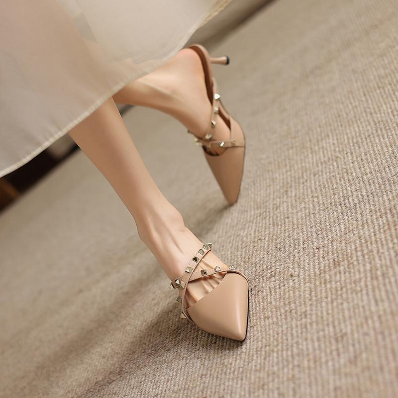 Real Leather Rivet Pointed Sandals