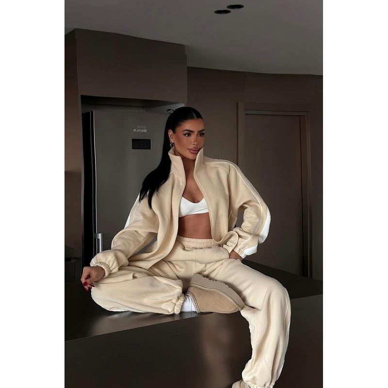 2026 Womens Fashion Casual Set Color Block Zip Up Cardigan Pants Two Piece