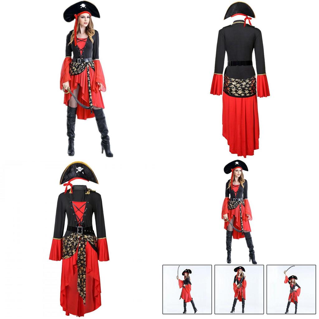 Damen Piratenkostüm Set Mit Rotem Kleid Hut Und Gürtel Perfekt Für Halloween Partys