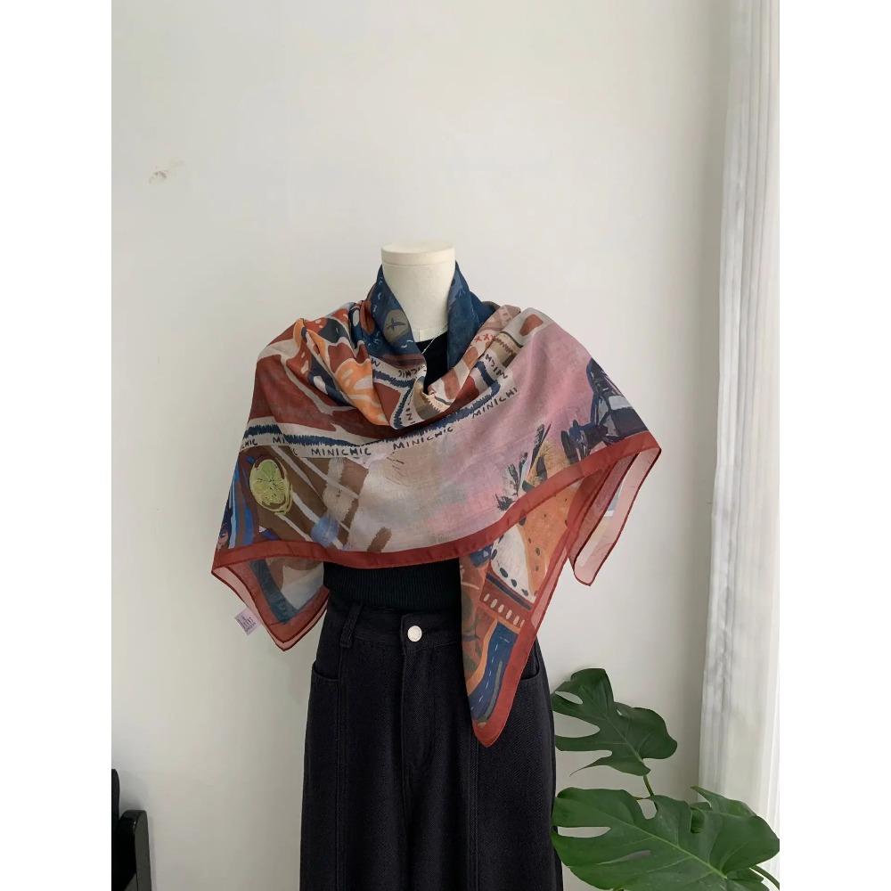 Head Scarf Women Square Scarf Thin Silk Like French Vintage Shawl Exclusive Design Spring Summer Autumn Lightweight Multipurpose