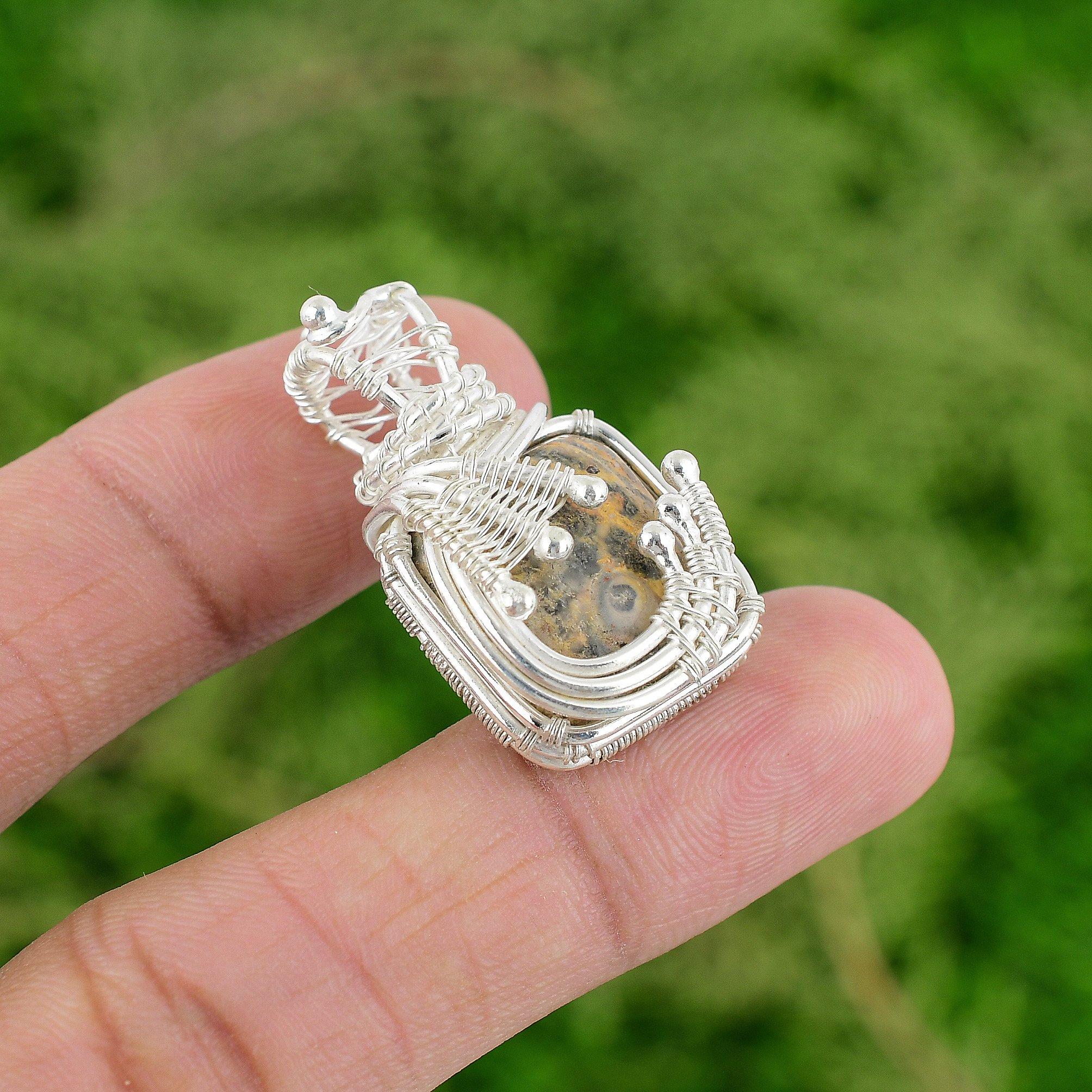 

Leopard Skin Jasper Stone Trendy Wedding Wire Wrapped Pendant Jewelry 925 Silver