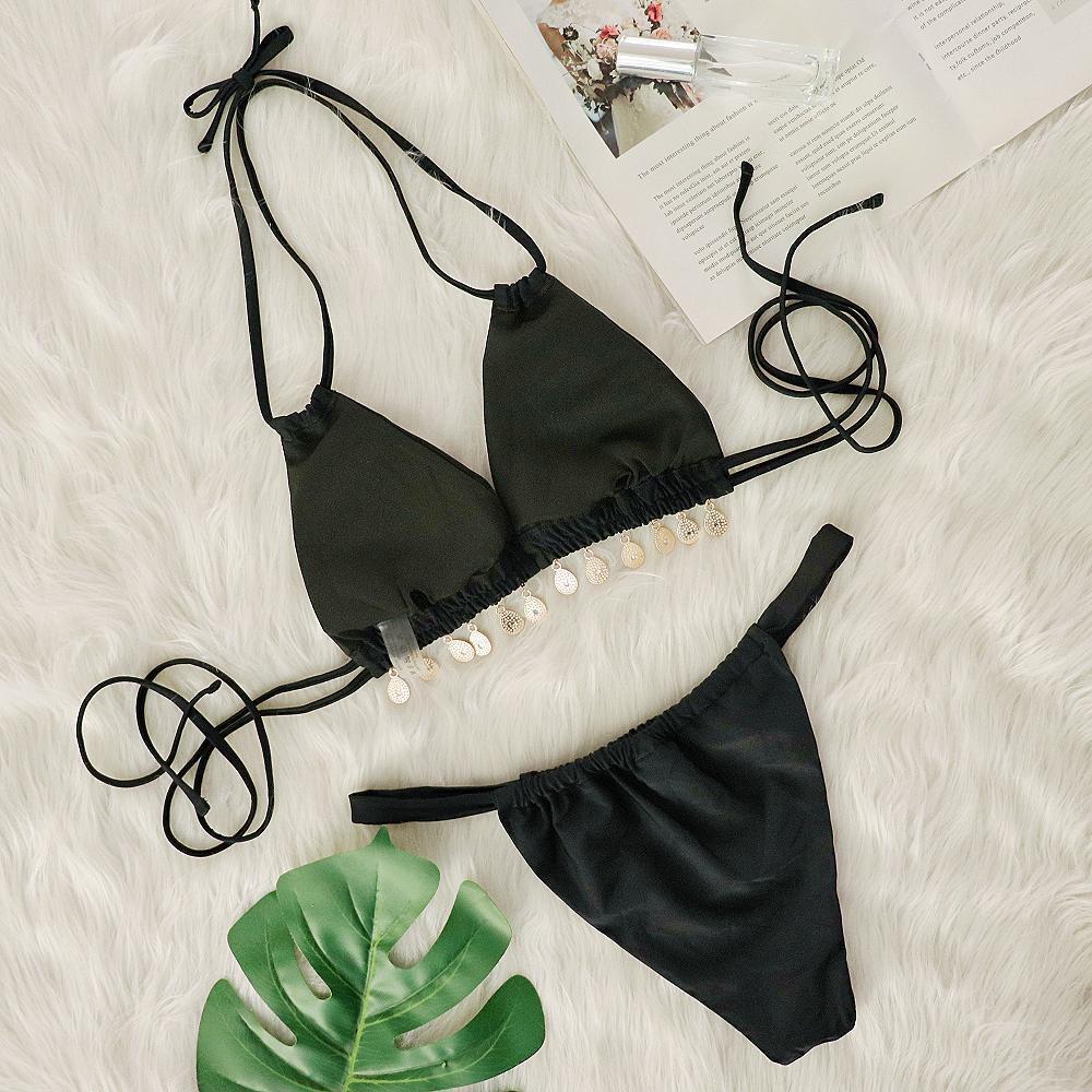 European & American Multi-color Halter Bikini with Rhinestone Pendant - Sleeveless, Bandage Style, and Split Design.
