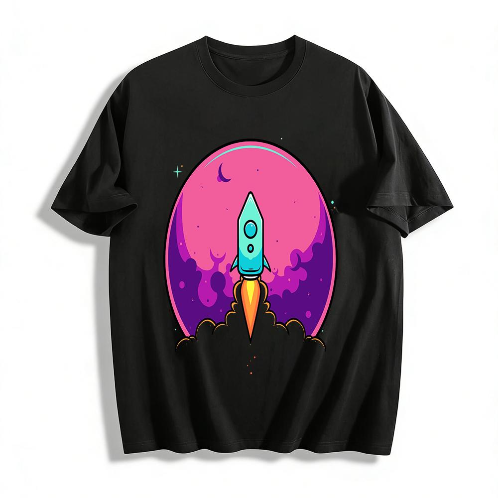 Vintage Space Rocket Print T-Shirt Cool Casual Unisex Top Pure cotton T-shirt XXS