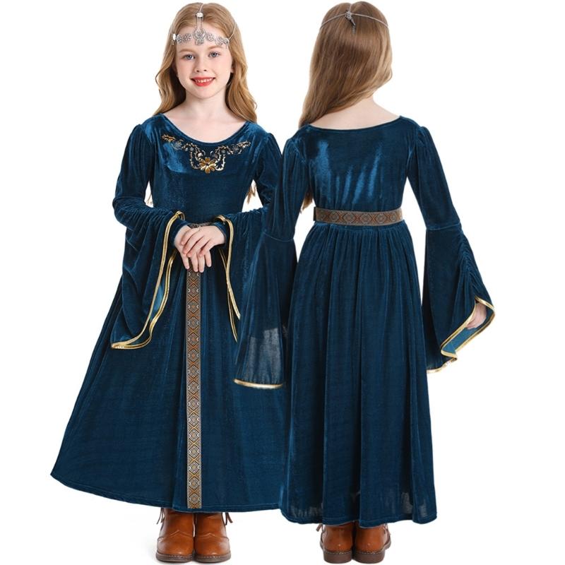 Robe médiévale pour enfant avec coiffe, Vêtements médiévaux pour enfants à manches trompette, Costume Cosplay Halloween pour Fille