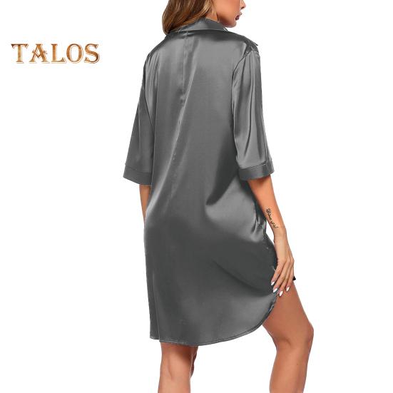 Damen Sommer Nachthemd Halbarm Hemdtyp Revers Einreihig Locker Einfarbig Satin Locker Geteilter Saum Homewear Schlafkleid Nachtwäsche