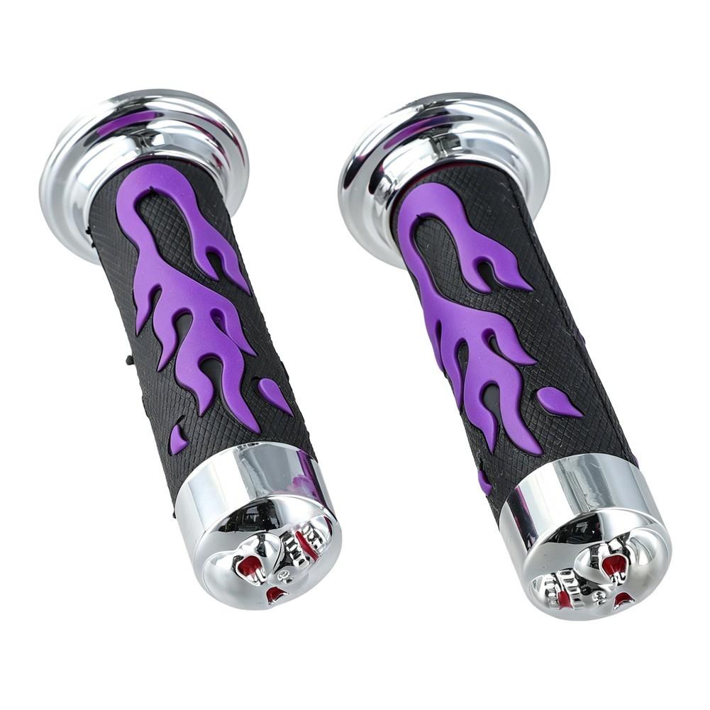 Motorcycle Handlebar Grips Throttle Grip Covers Purple Flame Skull Grips