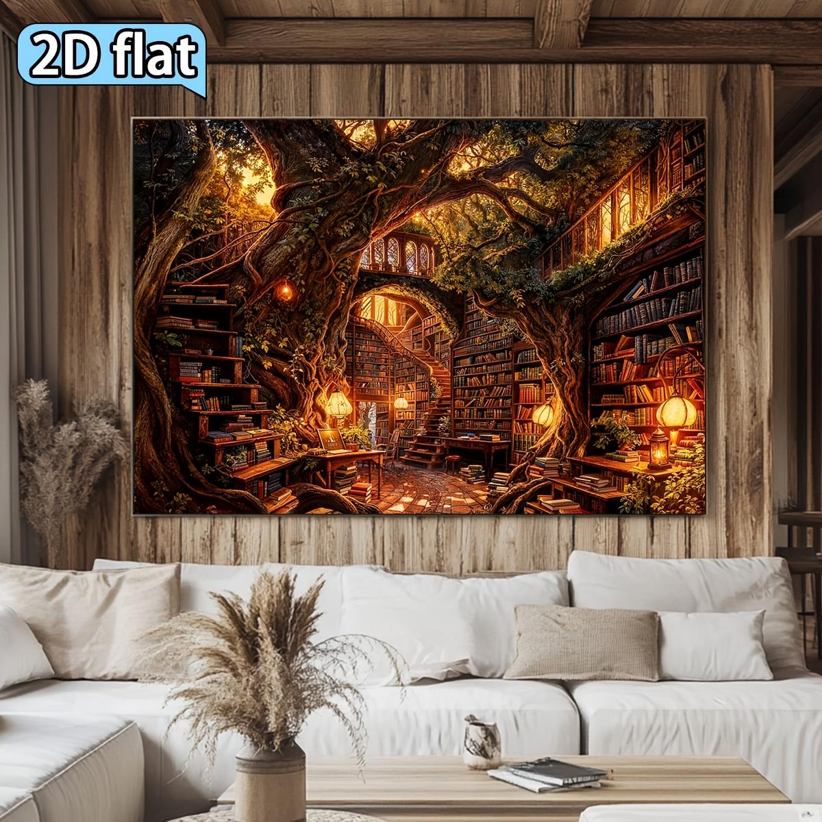 The fantasy library background fabric surrounded by ancient trees, with background decorations 100x150cm