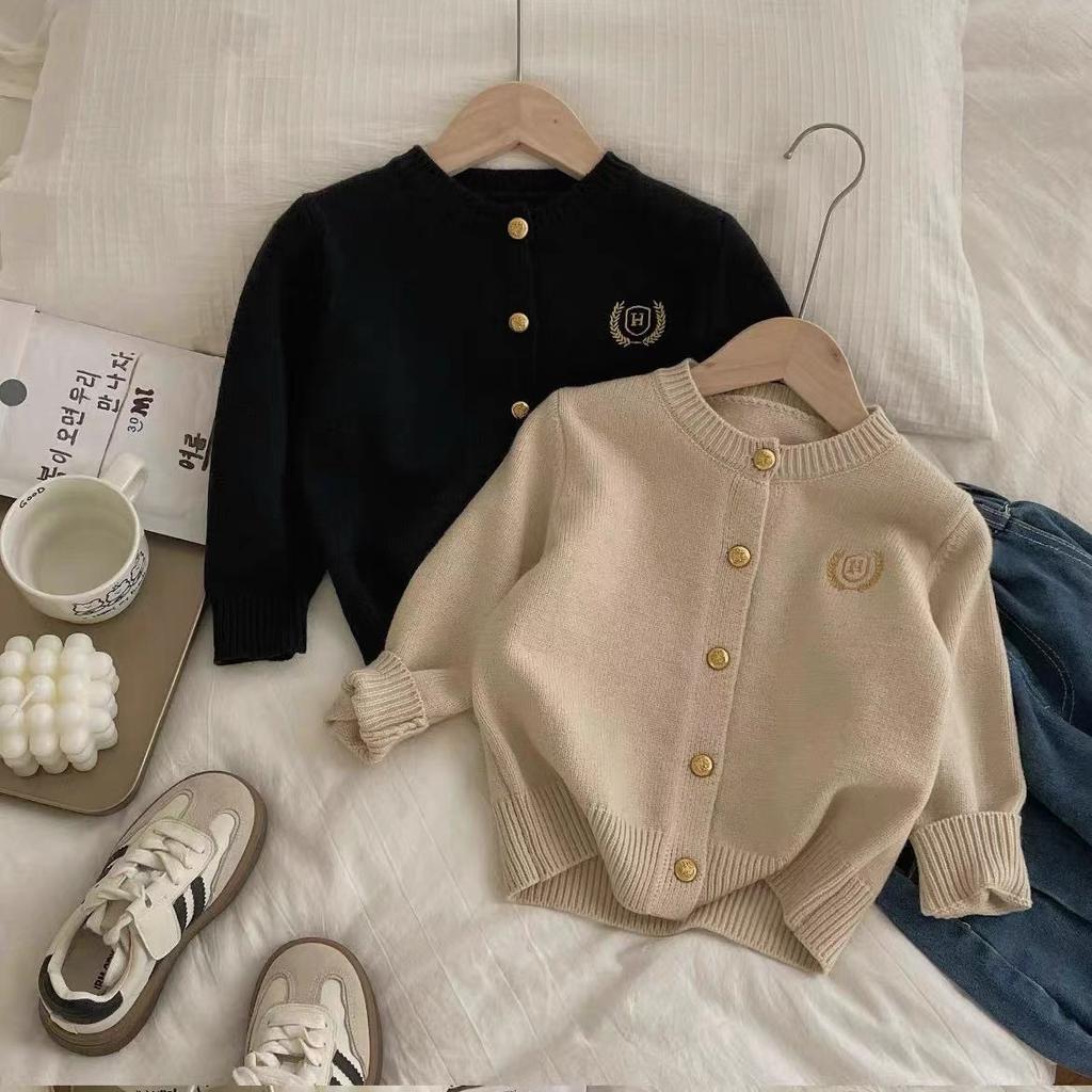 Kids Preppy Solid Embroidered Cardigan Sweater Spring Autumn Unisex Jacket