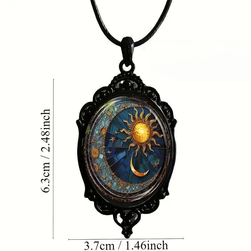 Enchanting Oval Glass Pendant Necklace with Black Frame Sun and Moon Pendant