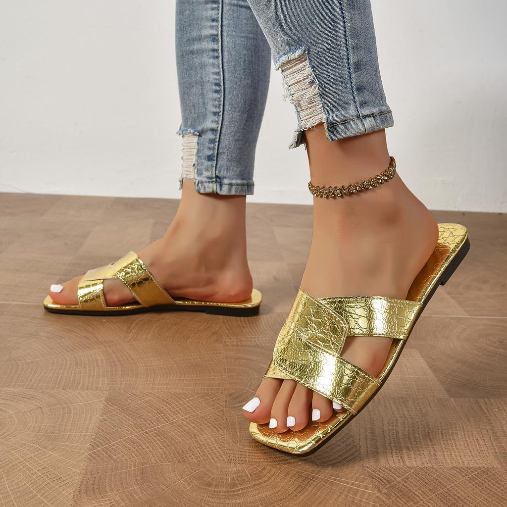 Fashion Golden Open Heeled Flat Women Shoes Soft Leather Sandals Bathroom Slippers Causal Comfortable Slides Women Beach Slippers