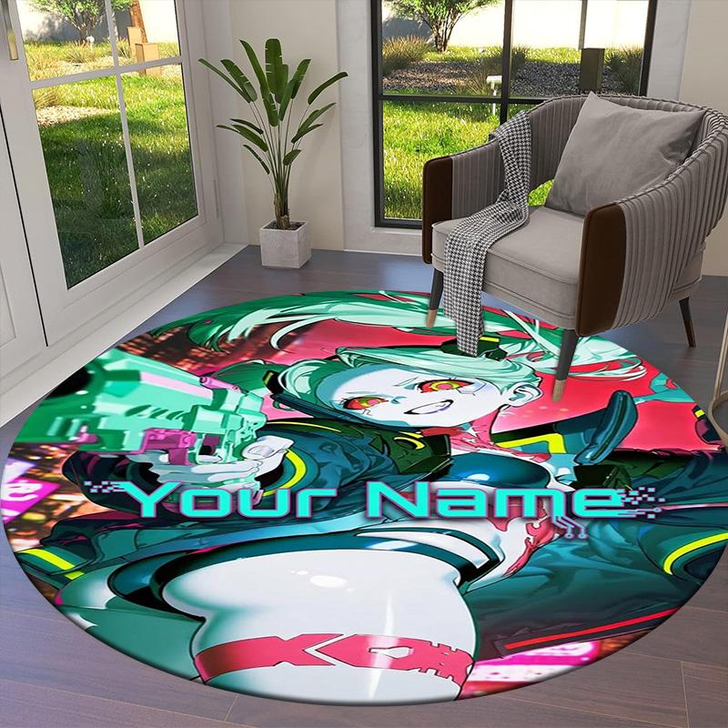 Cybernetic Future Heroine Custom Name Round Area Rug Carpet Rug For Living Room Bedroom Sofa Playroom Decor Nonslip Floor Mat